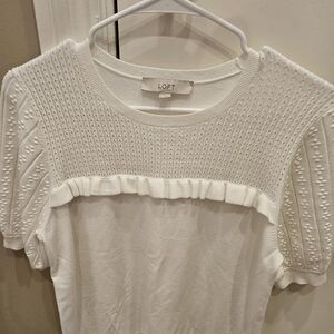 LOFT White Short Sleeve Knit Ruffle Yoke Tee